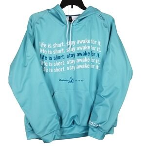 UNRL Caribou Coffee SilkSeries Hoodie Mens XL Teal Blue Stay Awake Graphic